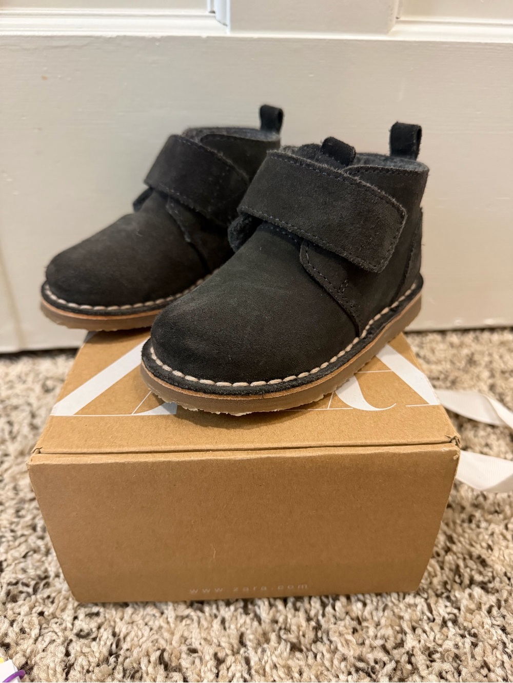 Zara Black Suede Kids Ankle Boots with Hook-and-Loop Strap